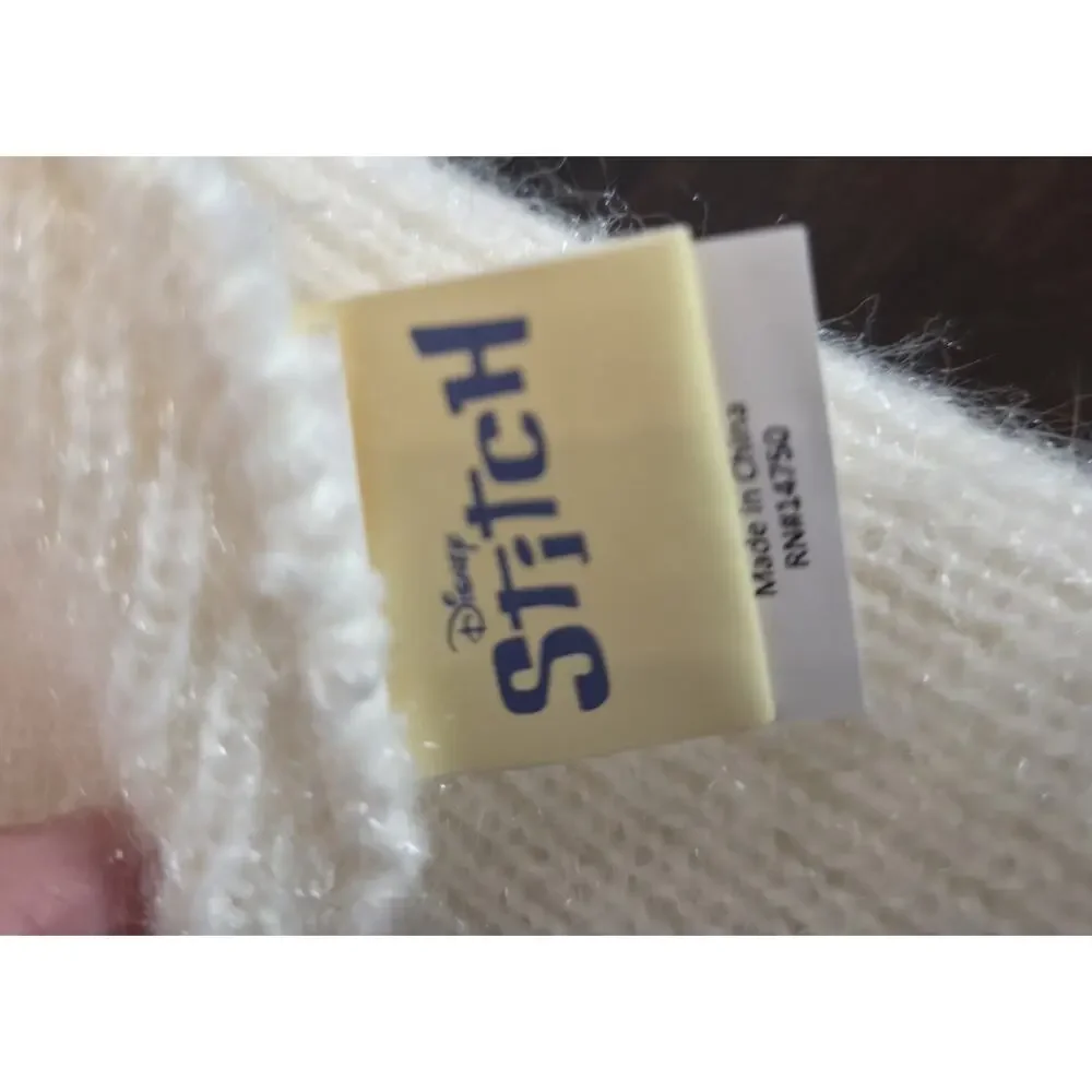 Stitch Knit Beanie Hat Embroidered Appliqués Unisex Warm Stretchy Cream One Sz